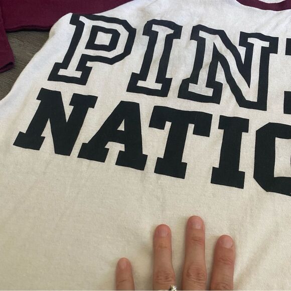 Victoria’s Secret PINK Nation Baseball Tee Oversized XS Maroon White - Picture 11 of 12